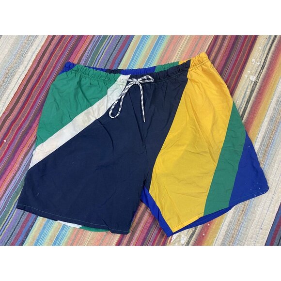 Vtg 90s Nautica Color Block Swim Trunks Shorts Green Blue Yellow Stripe Men’s L - Picture 2 of 8